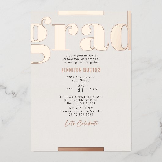 Afstudeerder Modern Bold Graduparty Roos Gold Folie Uitnodiging (Voorkant)