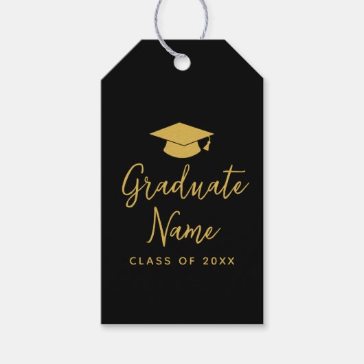 Afstudeerder Naam Script met Pet - Zwart Goud Afst Cadeaulabel (Voorkant)