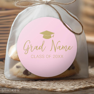 Afstudeerder Name Script met Graduation Cap - Roze Ronde Sticker