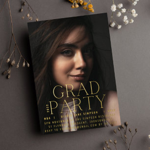 AFSTUDEERDER PARTY   Gold Ppress Script Modern Col Folie Uitnodiging