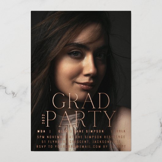 AFSTUDEERDER PARTY | Roos Gold gecomprimeerd Moder Folie Uitnodiging (Voorkant)