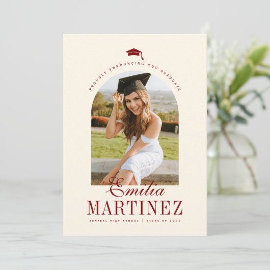 Afstudeerder Pet Boog Foto Elegant Script Rood Afs Aankondiging (Staand voorkant)