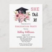 Afstudeerder Pet en Roze Bloemen Ze deed het Afstu Uitnodiging Briefkaart (Voorkant)