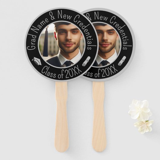 Afstudeerdop, kwastje, Diploma Zilver Zwart Foto Handwaaier (Voorkant en achterkant)