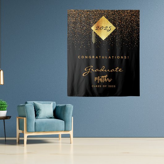 Afstudeerfeest 2023 zwart gouden confetti afgestud wandkleed