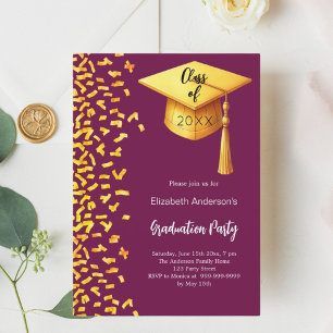 Afstudeerfeest bordeaux gouden confetti kaart