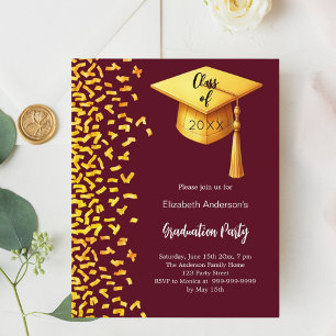 Afstudeerfeest bordeaux gouden uitnodiging