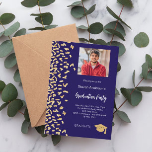 Afstudeerfeest donkerblauw goud confetti foto kaart