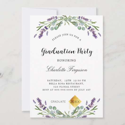 Afstudeerfeest lavendel eucalyptus bloemen kaart (Voorkant)