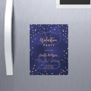 Afstudeerfeest marine blauw jaar gouden sterren lu magnetische uitnodiging
