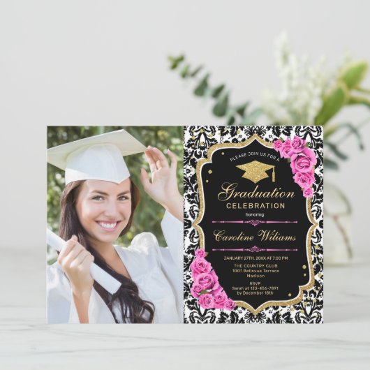Afstudeerfeest met foto - Gold Black Pink Kaart (Staand voorkant)