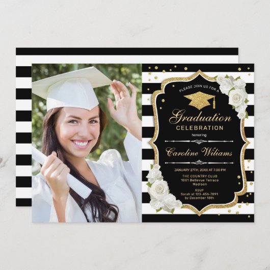 Afstudeerfeest met foto - Goud Zwart Wit Kaart (Voorkant / Achterkant)