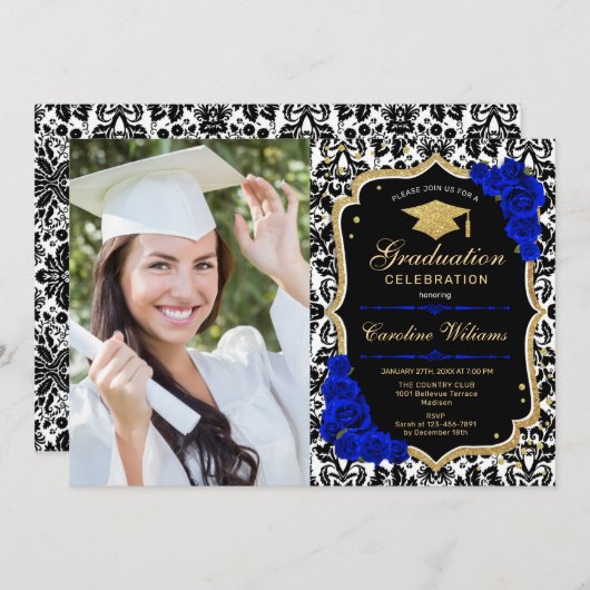 Afstudeerfeest met foto - Royal Blue Gold Kaart (Voorkant / Achterkant)