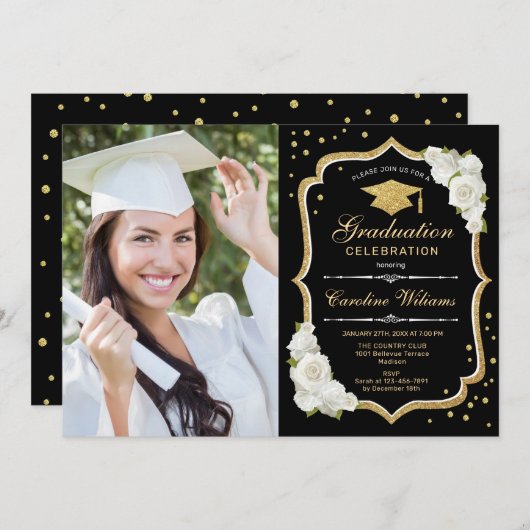 Afstudeerfeest met foto - Zwart Goud Wit Kaart (Voorkant / Achterkant)