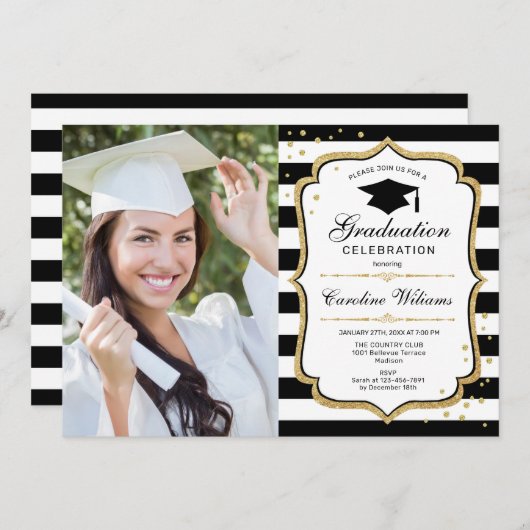 Afstudeerfeest met foto - Zwart Wit Goud Kaart (Voorkant / Achterkant)