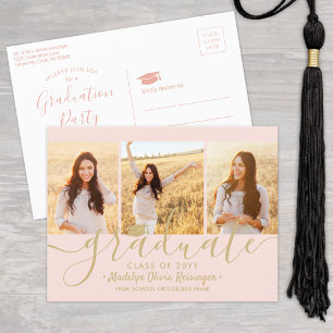 Afstudeerfeest Modern Blush Pink & Gold 3 Foto Uitnodiging Briefkaart