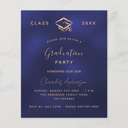 Afstudeerfeest navy blauw goud uitnodiging (Voorkant)