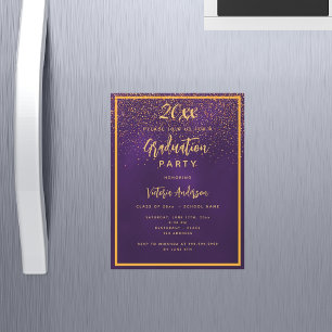 Afstudeerfeest paarse gouden confetti luxe 2025 magnetische uitnodiging