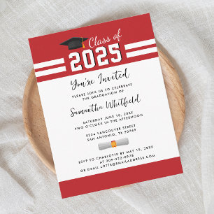 Afstudeerfeest Rood Wit Script Grad Party Uitnodiging Briefkaart