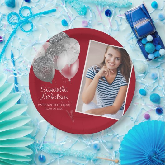 Afstudeerfeest Rood Zilver Glitter Ballonnen Foto Papieren Bordje (Feest)