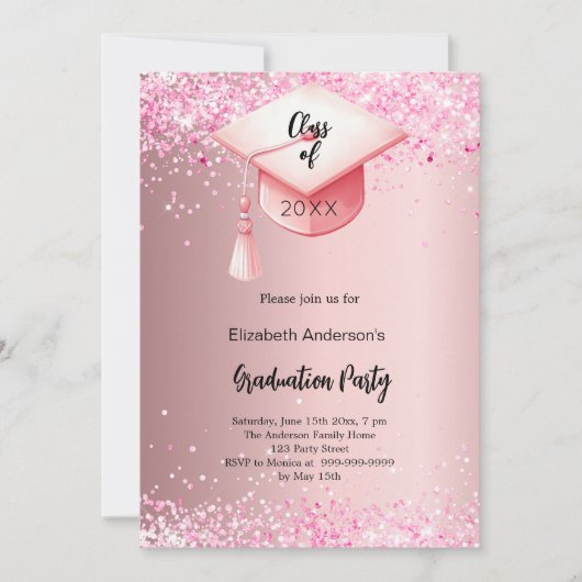 Afstudeerfeest roze confetti meisje kaart (Voorkant)