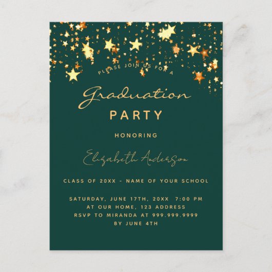 Afstudeerfeest smaragdgroene gouden sterren 2025 uitnodiging briefkaart (Voorkant)