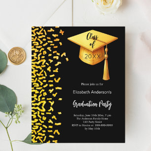 Afstudeerfeest zwart goud confetti uitnodiging