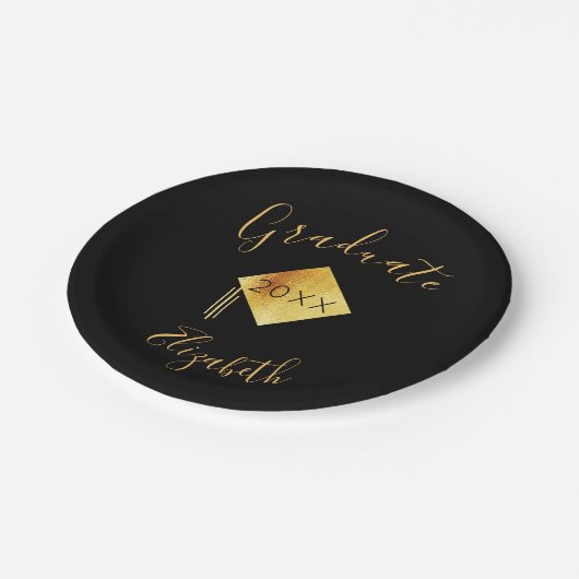 Afstudeerfeest zwart goud pet 2023 papieren bordje (Gekanteld)