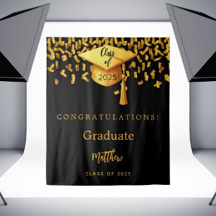 Afstudeerfeest zwart goud pet afstuderen 2025 wandkleed