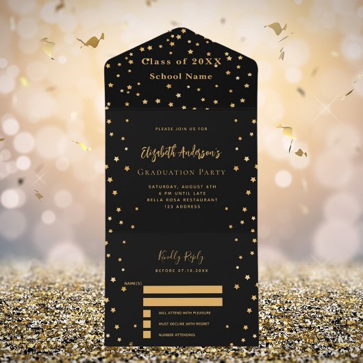 Afstudeerfeest zwart gouden sterren partij RSVP All In One Uitnodiging