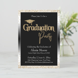 Afstudeerfeest Zwart & Wit Ombre Goud Confetti Kaart