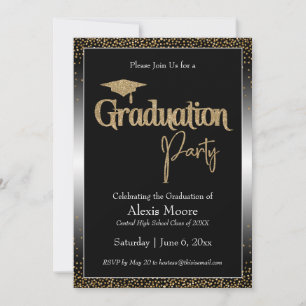 Afstudeerfeest Zwart & Wit Ombre Goud Confetti Kaart