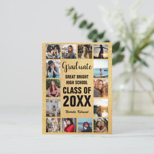 Afstuderen 14 Photo Collage Black & Gold Afstudere Aankondigingskaart (Staand voorkant)