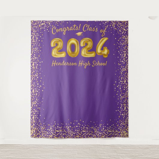 Afstuderen 2023 Gouden Ballon Paarse Foto Achtergr Wandkleed (Voorkant)