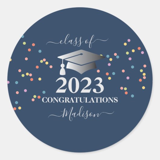 Afstuderen 2023 Royal Blue Confetti Silver initiaa Ronde Sticker (Voorkant)