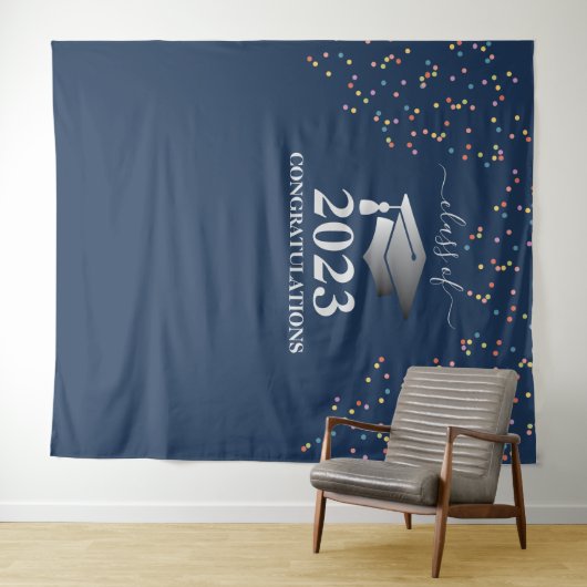 Afstuderen 2023 Royal Blue Confetti Silver Wandkleed (In Situ (horizontaal))