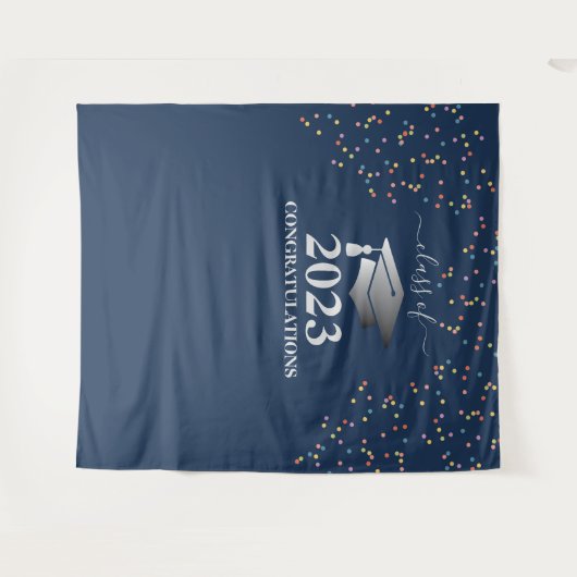 Afstuderen 2023 Royal Blue Confetti Silver Wandkleed (Voorkant (horizontaal))