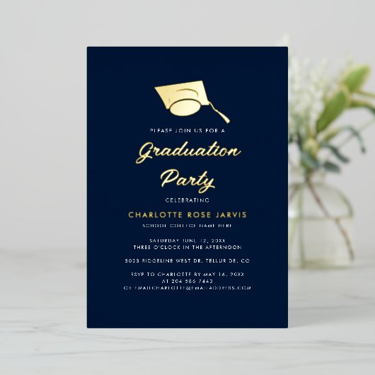 Afstuderen 2024 Script Navy Blue Afstudeerder Part Folie Uitnodiging (Staand Voorkant)