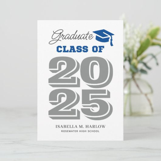 Afstuderen 2025 Blauw en grijs Afstuderen Uitnodig Kaart (Staand voorkant)