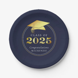 Afstuderen 2025 Faux Metallic Navy Blue Gold Papieren Bordje