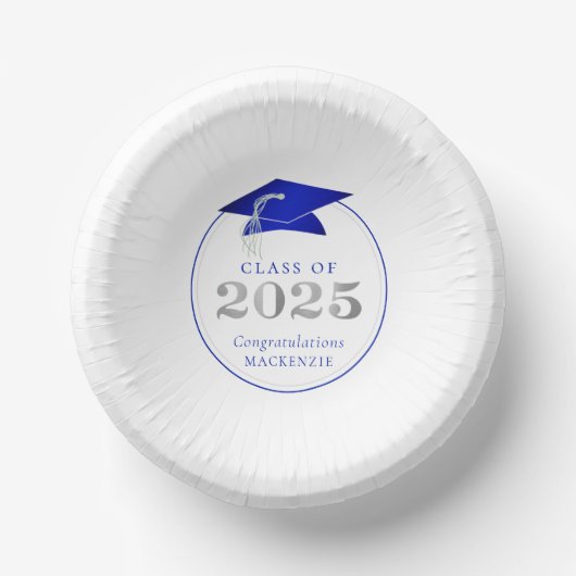 Afstuderen 2025 Faux Metallic Royal Blue Silver Papieren Kommen (Voorkant)