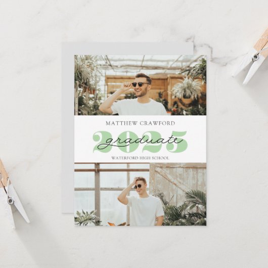 Afstuderen 2025 fotoaankondiging modern script kaart (Voorkant / Achterkant in situ)