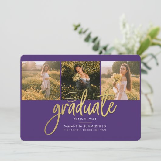 Afstuderen 2025 Fotocollage Script Paarse Goud Aankondiging (Staand voorkant)