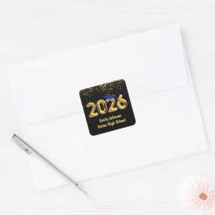 Afstuderen 2025 gouden ballonnen en blauw Pet Vierkante Sticker