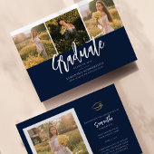 Afstuderen 2025 Navy blauw en wit script Aankondiging