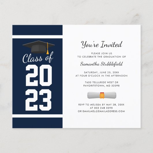 Afstuderen 2025 Navy Blue Afstudeerder Party Invit (Voorkant)