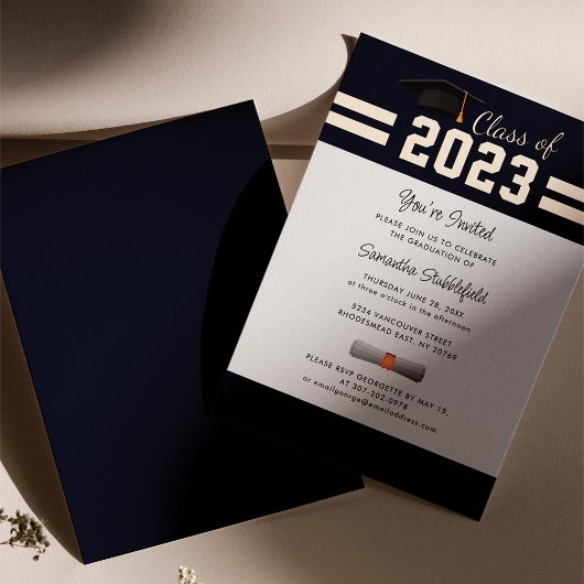 Afstuderen 2025 Navy Blue Afstudeerder Party Roos  Folie Uitnodiging