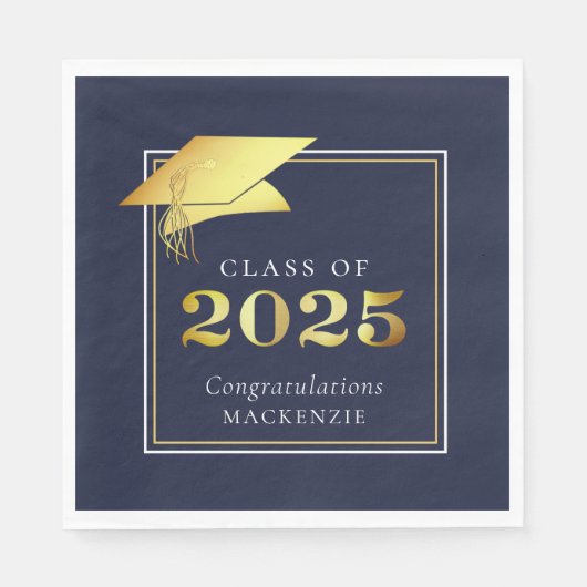 Afstuderen 2025 Navy Blue Faux Metallic Gold Servet (Voorkant)