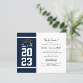 Afstuderen 2025 Navy Blue Party Invitation (Staand voorkant)