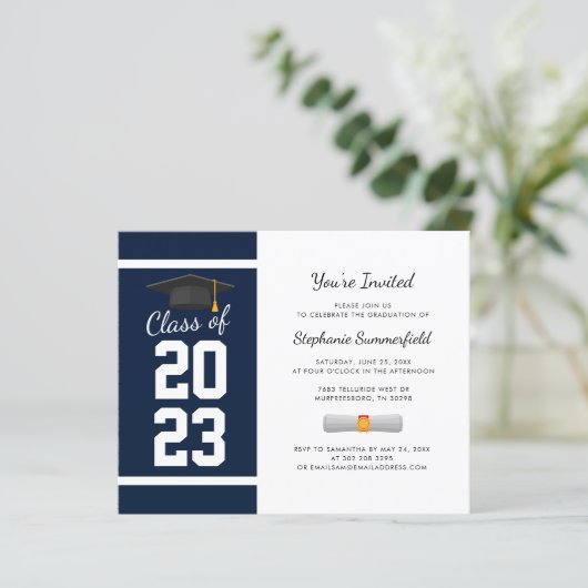 Afstuderen 2025 Navy Blue Party Invitation (Staand voorkant)